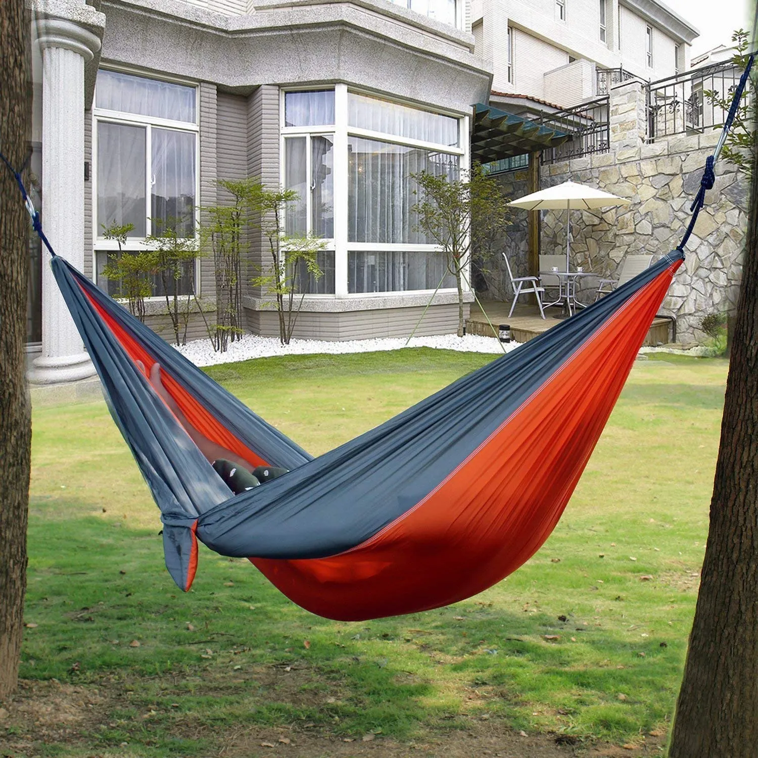 BOBOLINE Hammock Camping Single Tree Straps & Carabiners | Easy Assembly |Lightweight Portable Parachute Nylon Hammock for Camping, Backpacking, Survival, Travel, Beach, Indoor, Outdoor,Gray/Orange