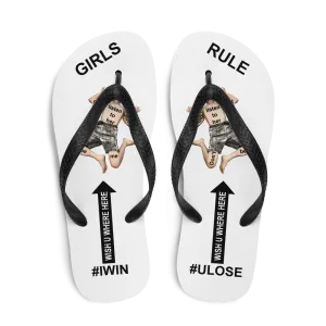 GIRLS RULE flip flops with CRUSHED TINY MAN underfoot white fabric NEW (2020-05-10)