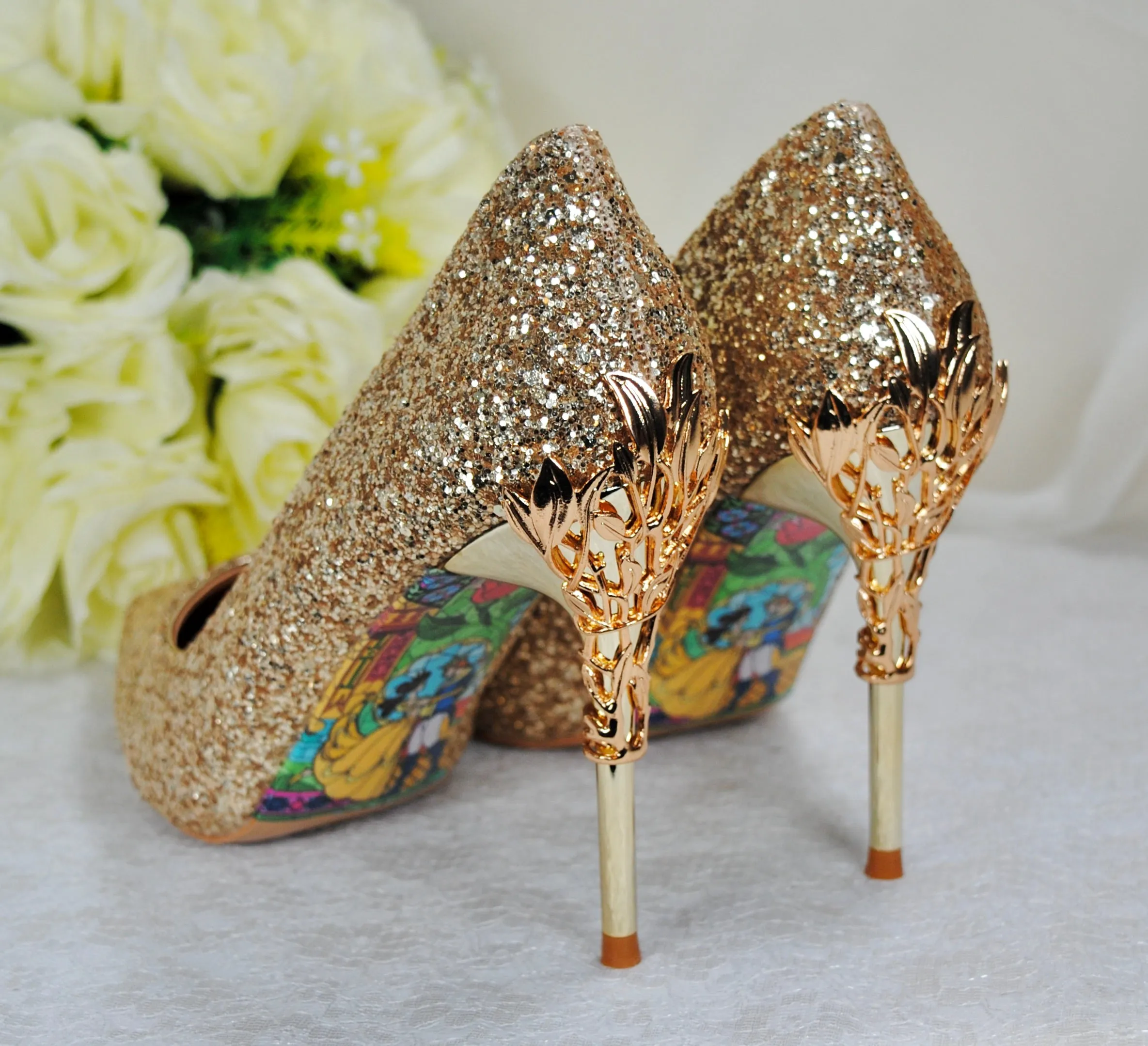 Gold Glitter Vine Heels Size UK4 / US6.5