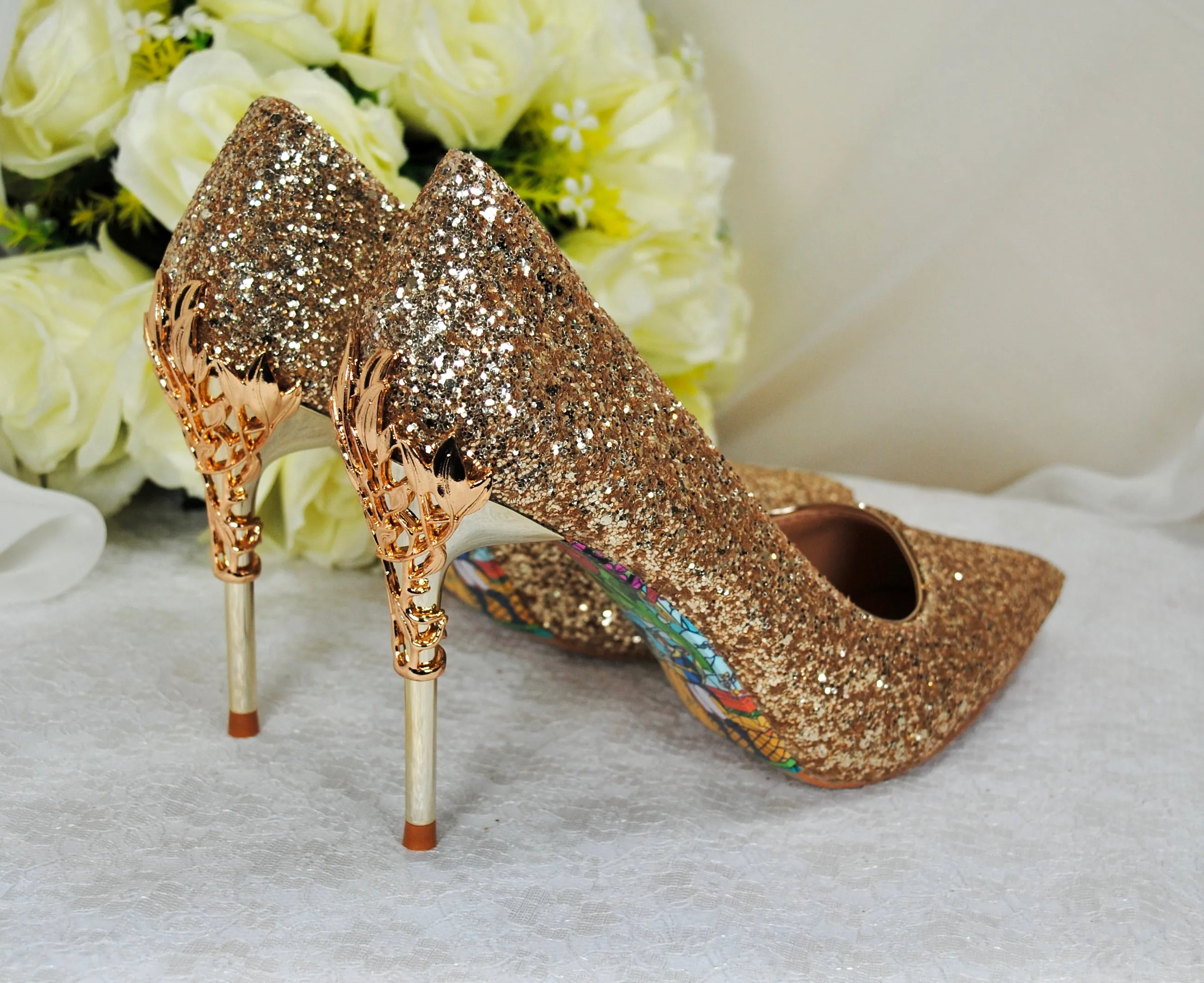 Gold Glitter Vine Heels Size UK4 / US6.5