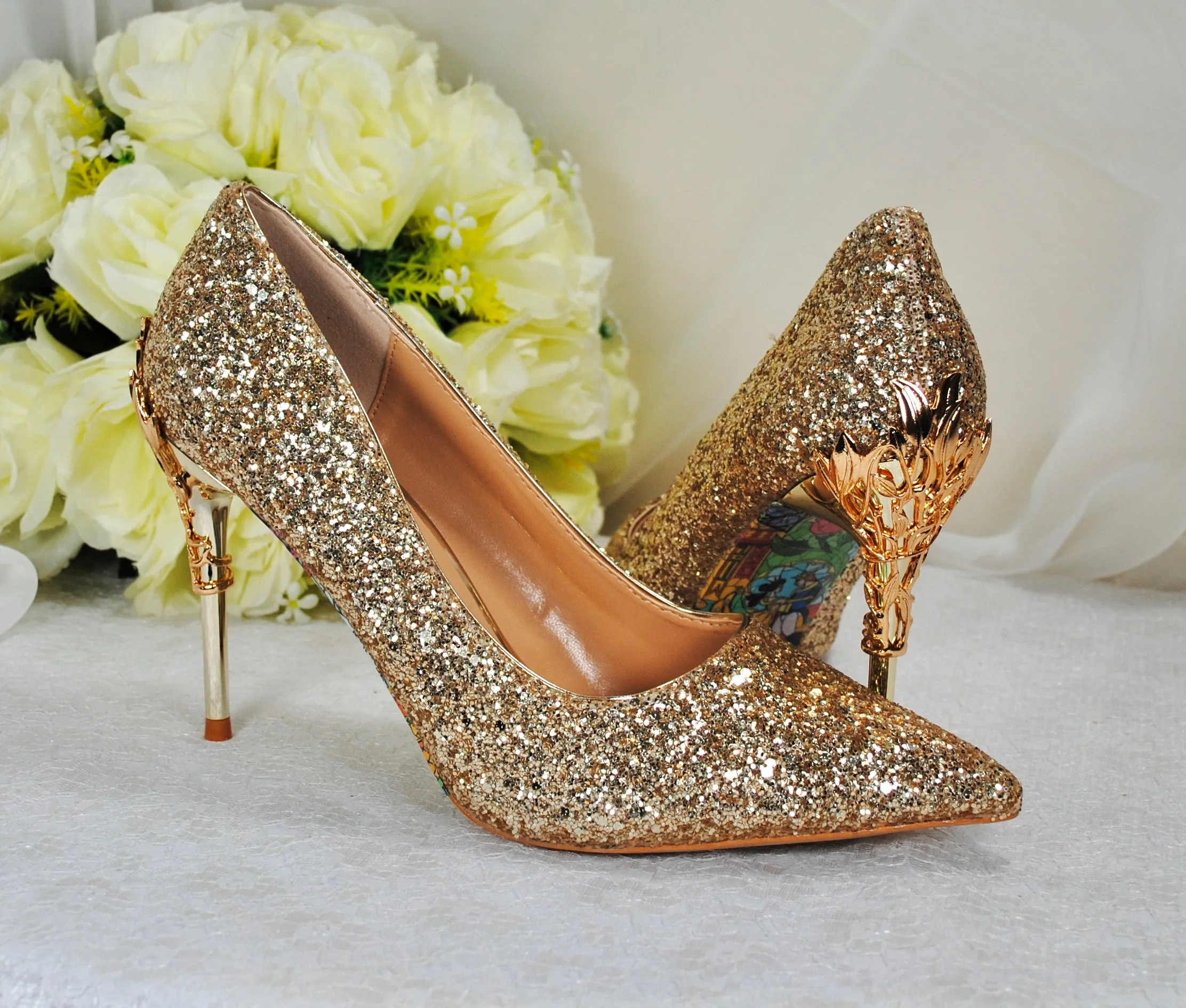 Gold Glitter Vine Heels Size UK4 / US6.5