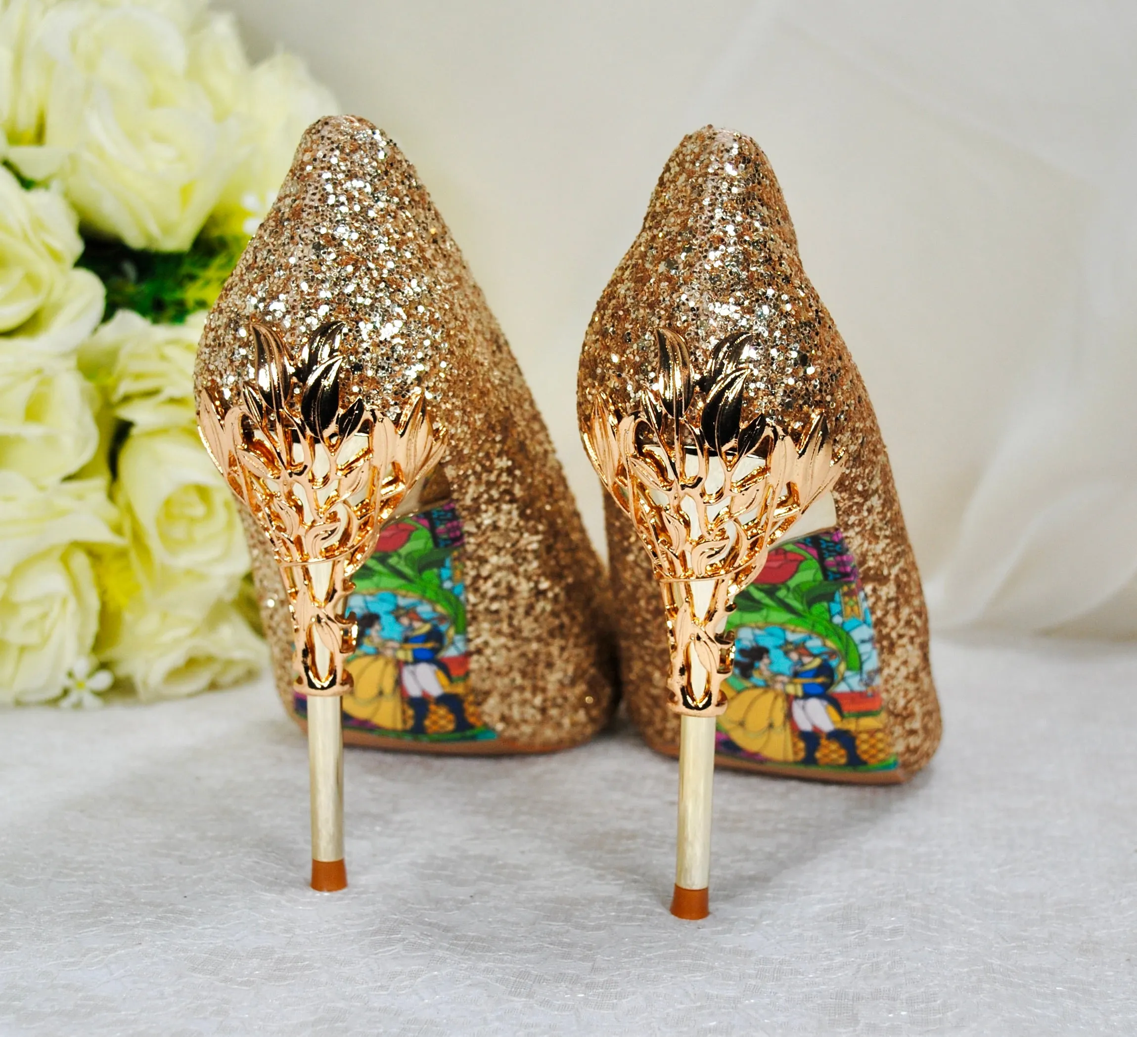 Gold Glitter Vine Heels Size UK4 / US6.5