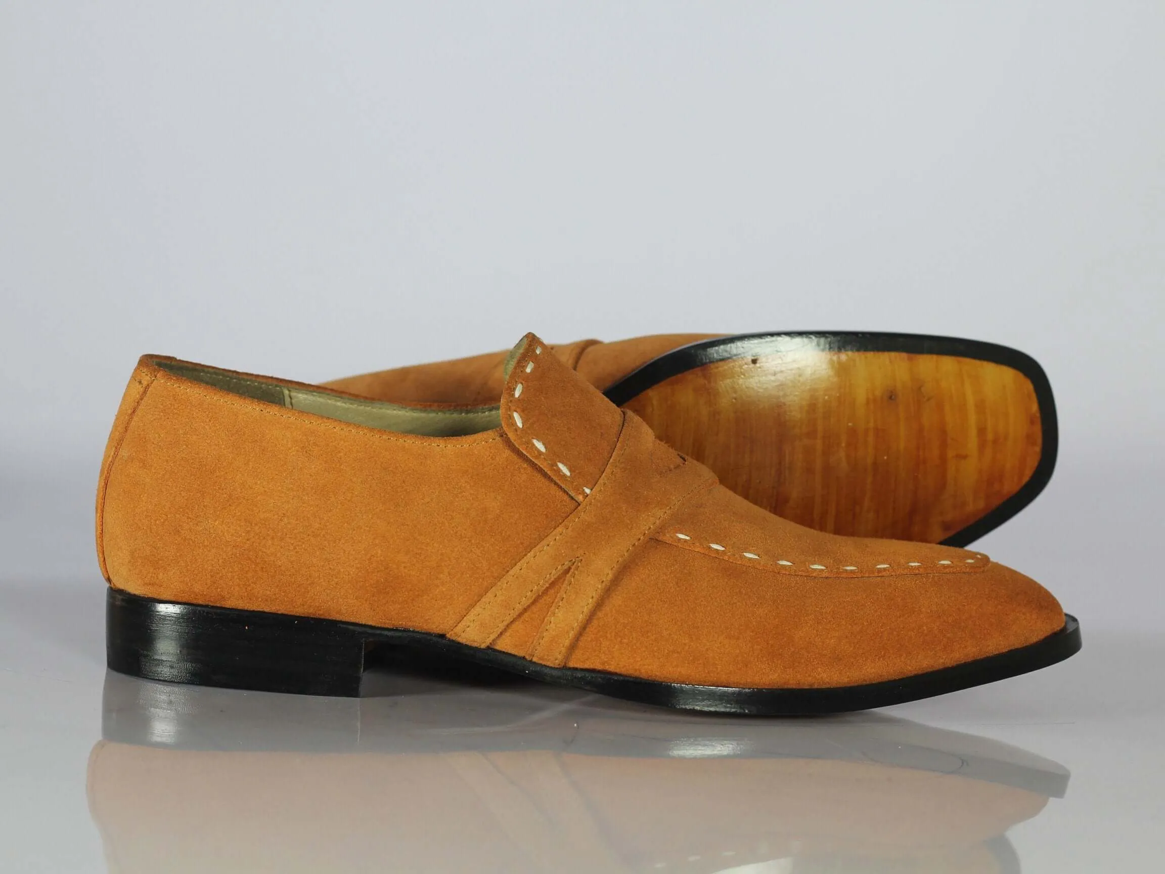 Handmade Tan Round Toe Suede Shoes For Men's