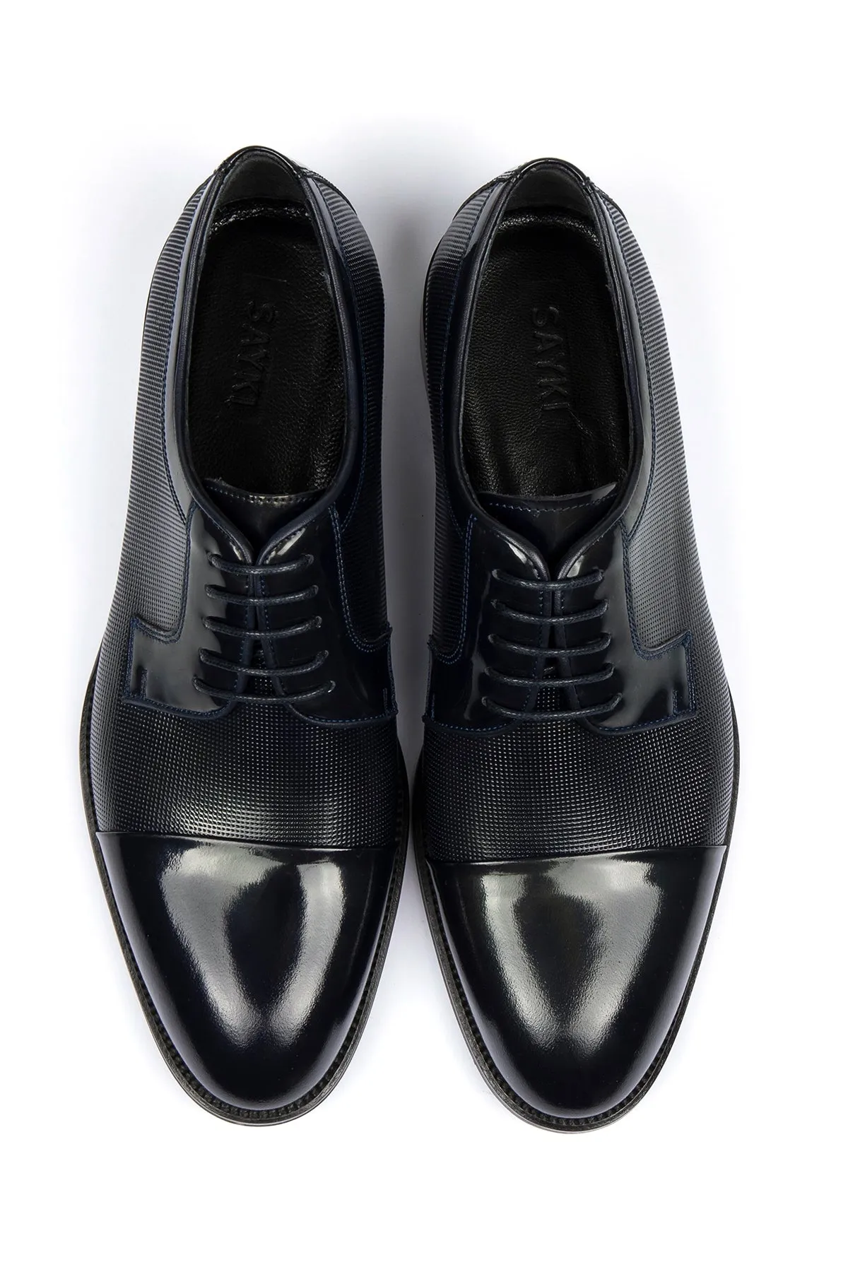Navy Patent Leather Lace-Up Tuxedo Shoes