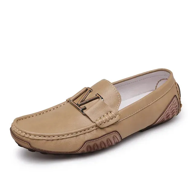 Solid V Letter Appliques Leather Loafers