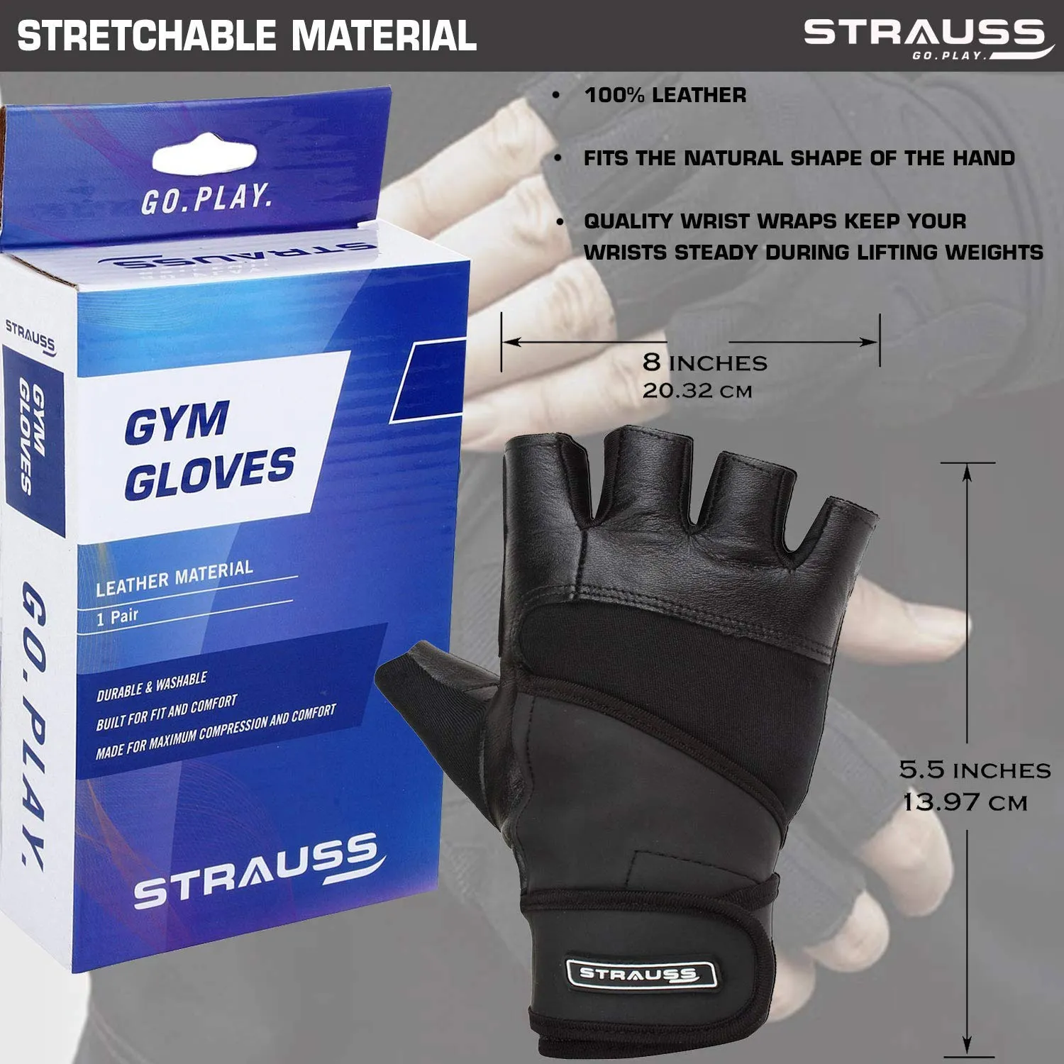 STRAUSS Leather Gym Gloves with Wrist Wrap (Medium)