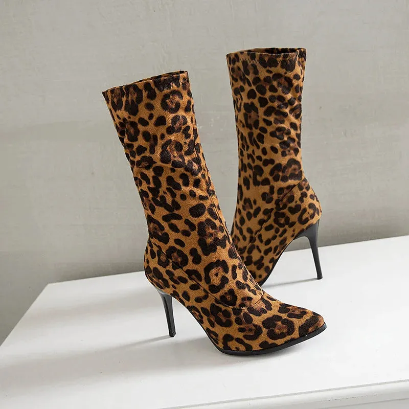 TAVIMART  -  Soft Elastic Slim Boots Women Autumn Pointed Toe Mid-calf Boot Sexy High Heels Short Lady Black White Leopard Dance Shoes Ladies