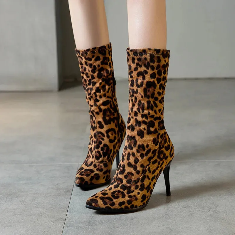TAVIMART  -  Soft Elastic Slim Boots Women Autumn Pointed Toe Mid-calf Boot Sexy High Heels Short Lady Black White Leopard Dance Shoes Ladies