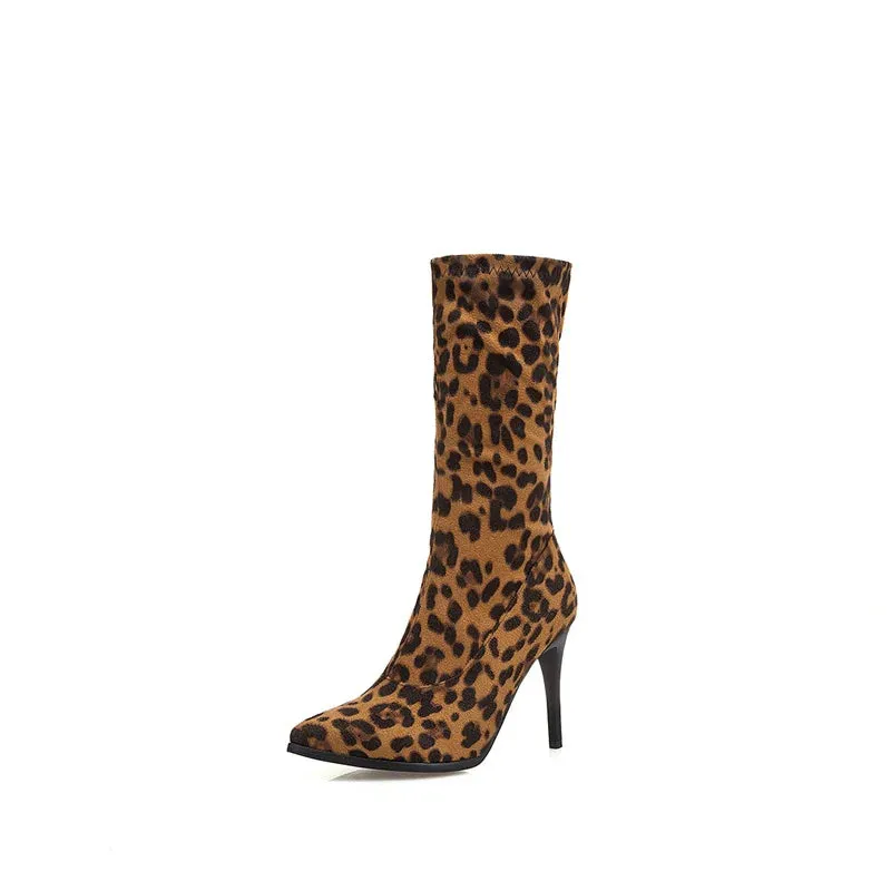 TAVIMART  -  Soft Elastic Slim Boots Women Autumn Pointed Toe Mid-calf Boot Sexy High Heels Short Lady Black White Leopard Dance Shoes Ladies