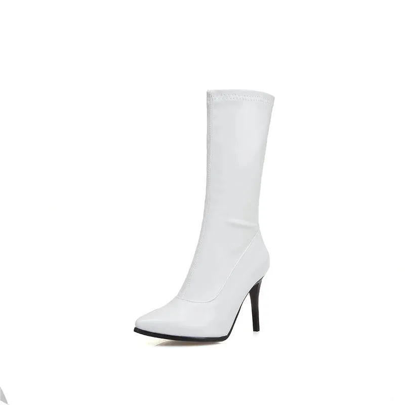 TAVIMART  -  Soft Elastic Slim Boots Women Autumn Pointed Toe Mid-calf Boot Sexy High Heels Short Lady Black White Leopard Dance Shoes Ladies
