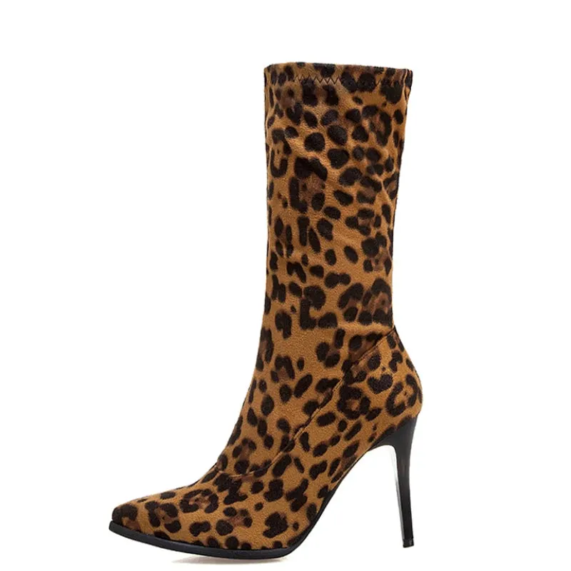 TAVIMART  -  Soft Elastic Slim Boots Women Autumn Pointed Toe Mid-calf Boot Sexy High Heels Short Lady Black White Leopard Dance Shoes Ladies