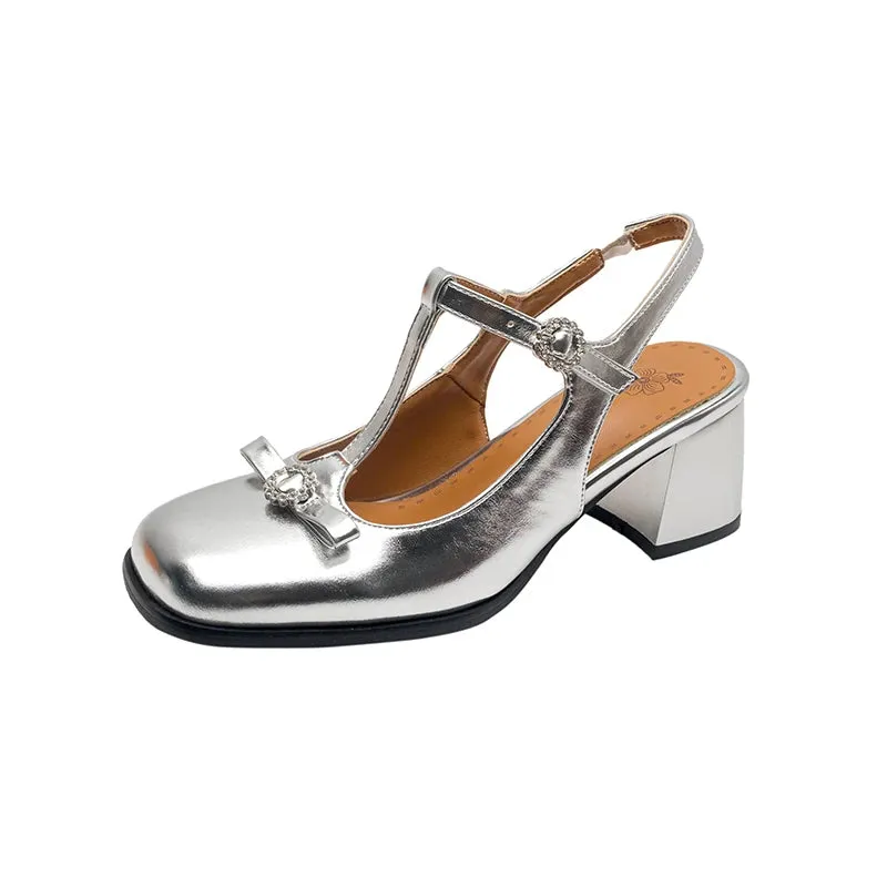 TAVIMART  -  Spring Summer New 2024 Fashion Patent Leather Square Toe T-strap Buckle Women's Slingback Sandals Bowknot Block High Heels Shoes