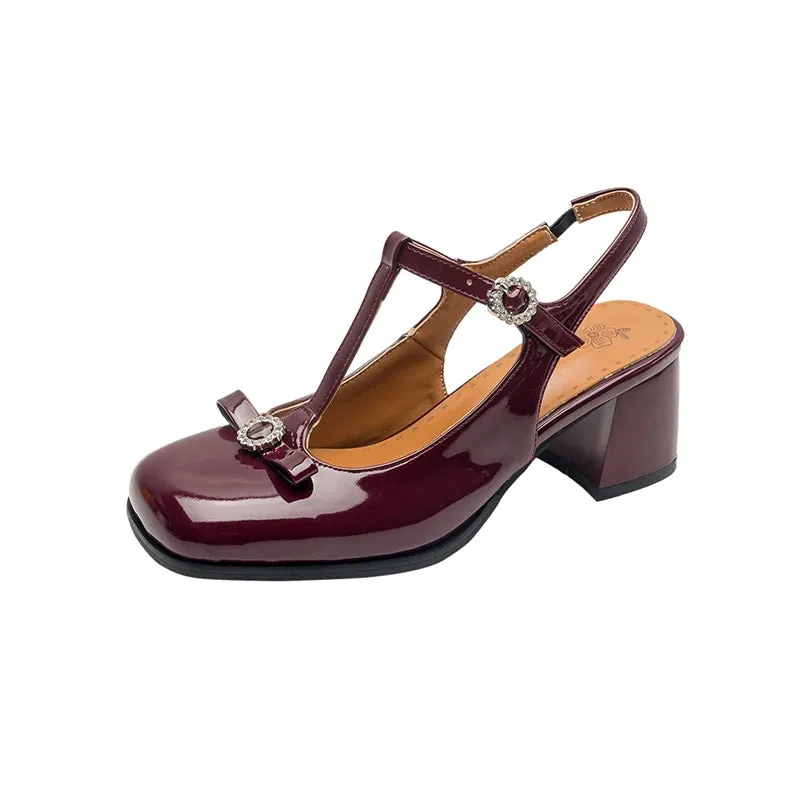 TAVIMART  -  Spring Summer New 2024 Fashion Patent Leather Square Toe T-strap Buckle Women's Slingback Sandals Bowknot Block High Heels Shoes