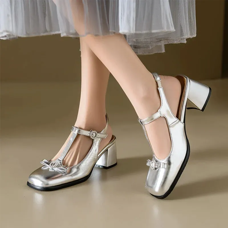 TAVIMART  -  Spring Summer New 2024 Fashion Patent Leather Square Toe T-strap Buckle Women's Slingback Sandals Bowknot Block High Heels Shoes