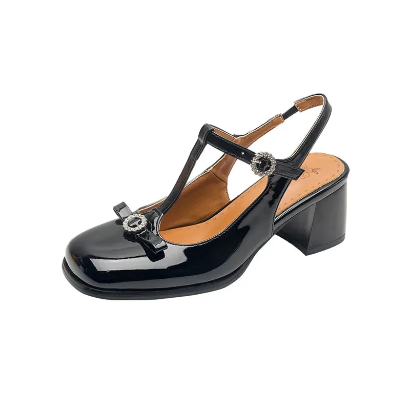 TAVIMART  -  Spring Summer New 2024 Fashion Patent Leather Square Toe T-strap Buckle Women's Slingback Sandals Bowknot Block High Heels Shoes