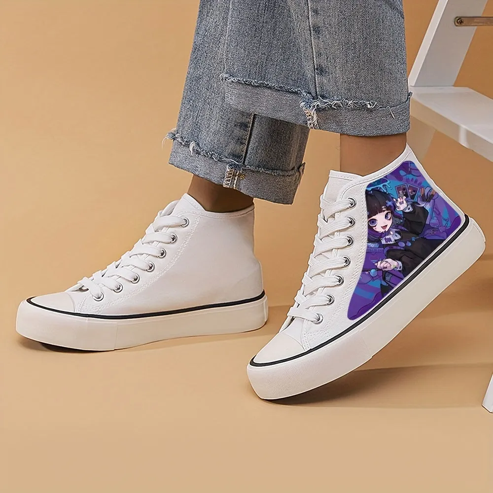 Women's Anime Beauty Print Shoes, Lace Up Comfy Platform Daily Skate Shoes, Lightweight High-top Canvas Shoes