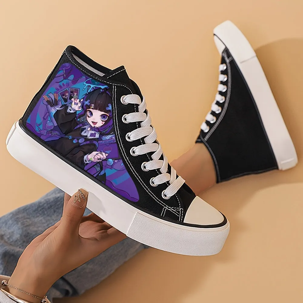 Women's Anime Beauty Print Shoes, Lace Up Comfy Platform Daily Skate Shoes, Lightweight High-top Canvas Shoes